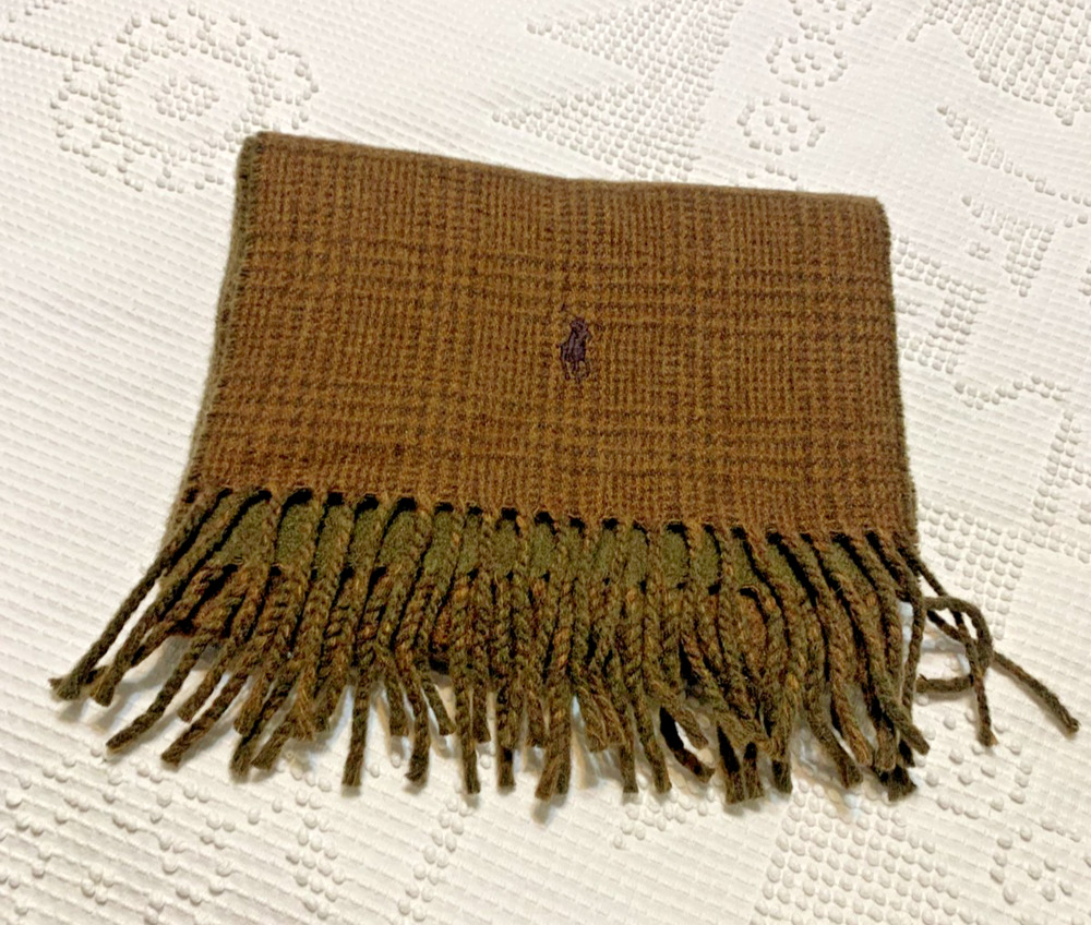 Polo Ralph Lauren Men's Scarf Lambswool Houndstooth Reversible Italy Brown Pony